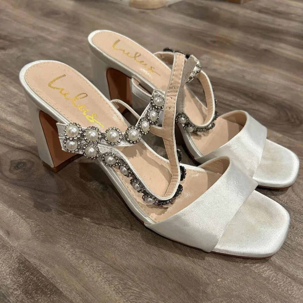 Embellished Pearl Strap Satin Block Heel Sandals - White